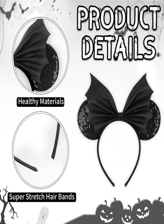 AIDVPOD Halloween Mouse Ears Headband Sequins Bat Bow Hair Bands Black Bat Wing Hair Accessories for Women Halloween Party Supplies - Image 3