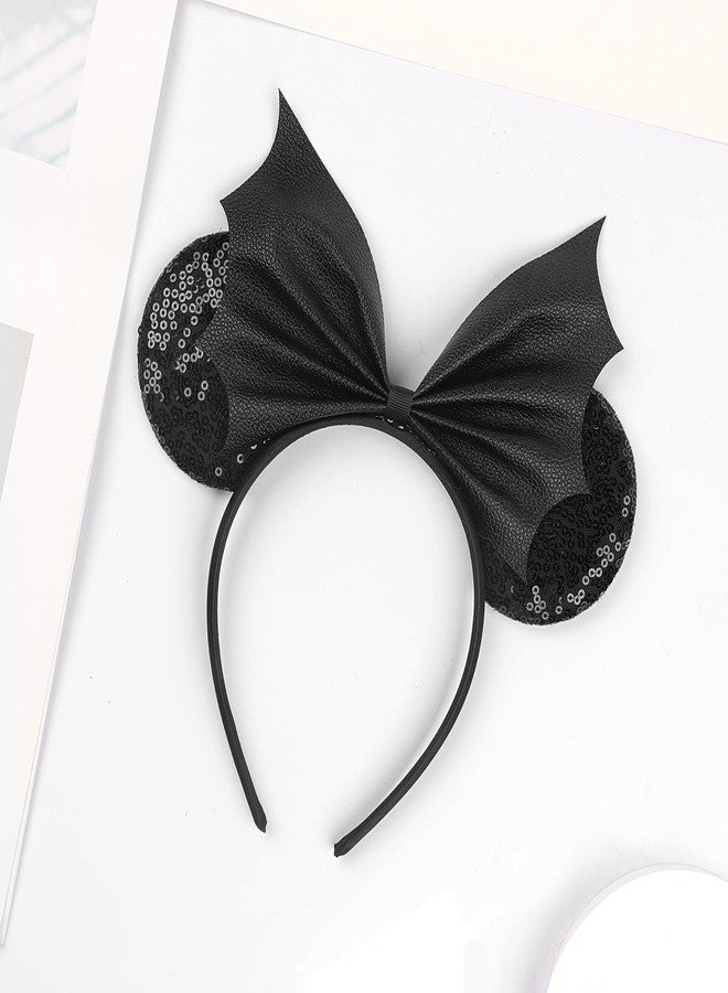AIDVPOD Halloween Mouse Ears Headband Sequins Bat Bow Hair Bands Black Bat Wing Hair Accessories for Women Halloween Party Supplies - Image 5