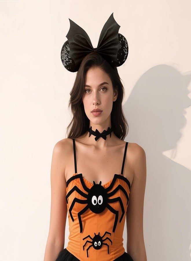 AIDVPOD Halloween Mouse Ears Headband Sequins Bat Bow Hair Bands Black Bat Wing Hair Accessories for Women Halloween Party Supplies - Image 2
