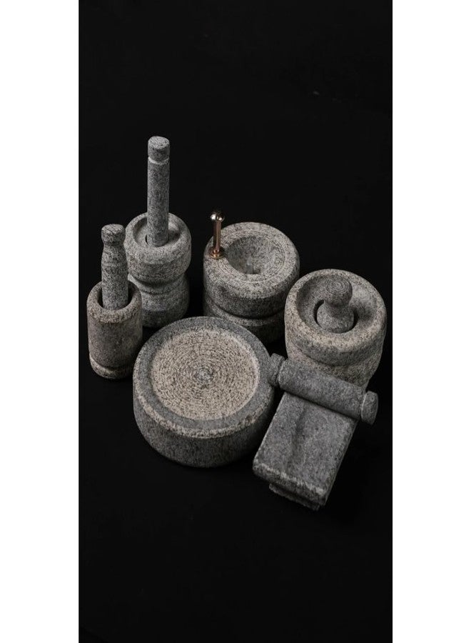 80's Cookware 80s COOKWARE Stone Miniature Kitchen Set - Medium Size, Set of 6 | Free Manjal Stone | Toy Playset for Kids | Ideal for Pooja, Grahapravesam, Grinding & Traditional Home Decor - Image 1