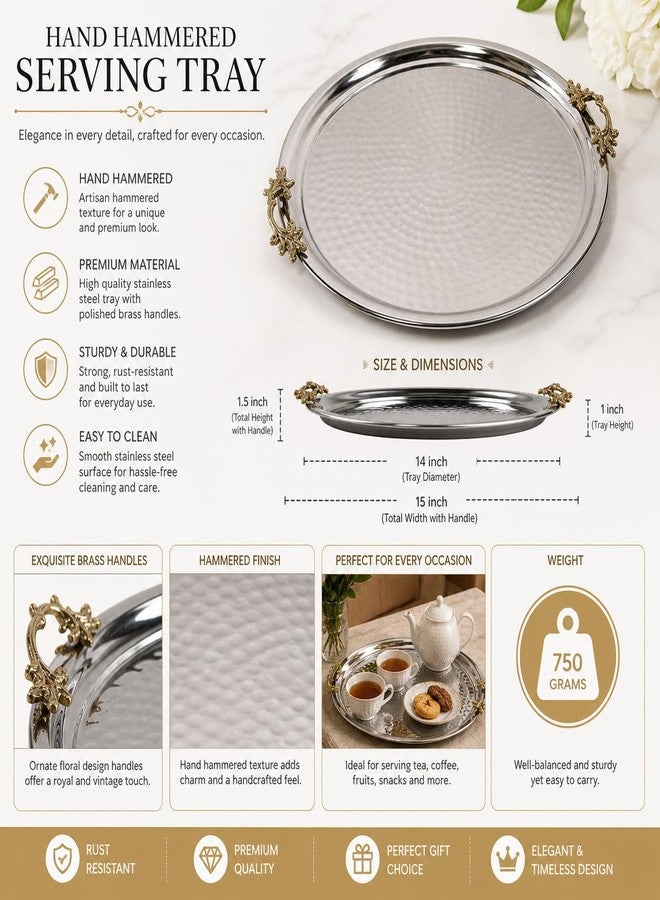 LEATHERVINES Handmade Hammered Stainless Steel Serving Tray with Brass Handle Large Platters- Decorative Centerpiece Kitchen Multi-Purpose Coffee Table Dinner Breakfast Food Farmhouse- 35.5cm 14 Inch - Image 2