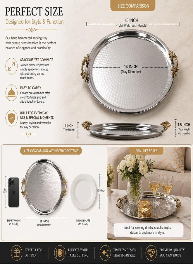 LEATHERVINES Handmade Hammered Stainless Steel Serving Tray with Brass Handle Large Platters- Decorative Centerpiece Kitchen Multi-Purpose Coffee Table Dinner Breakfast Food Farmhouse- 35.5cm 14 Inch - Image 4