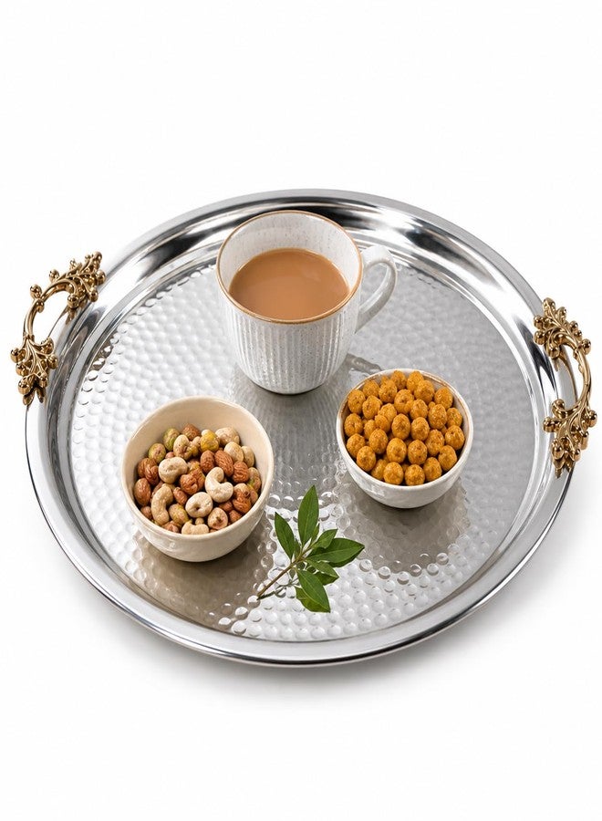 LEATHERVINES Handmade Hammered Stainless Steel Serving Tray with Brass Handle Large Platters- Decorative Centerpiece Kitchen Multi-Purpose Coffee Table Dinner Breakfast Food Farmhouse- 35.5cm 14 Inch - Image 1