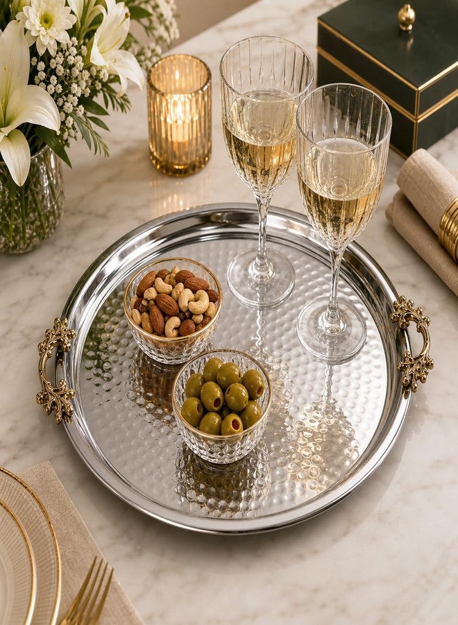 LEATHERVINES Handmade Hammered Stainless Steel Serving Tray with Brass Handle Large Platters- Decorative Centerpiece Kitchen Multi-Purpose Coffee Table Dinner Breakfast Food Farmhouse- 35.5cm 14 Inch - Image 3