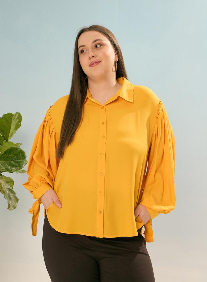Sassafras Plus Size Mustard Balloon Sleeve Shirt - Image 1