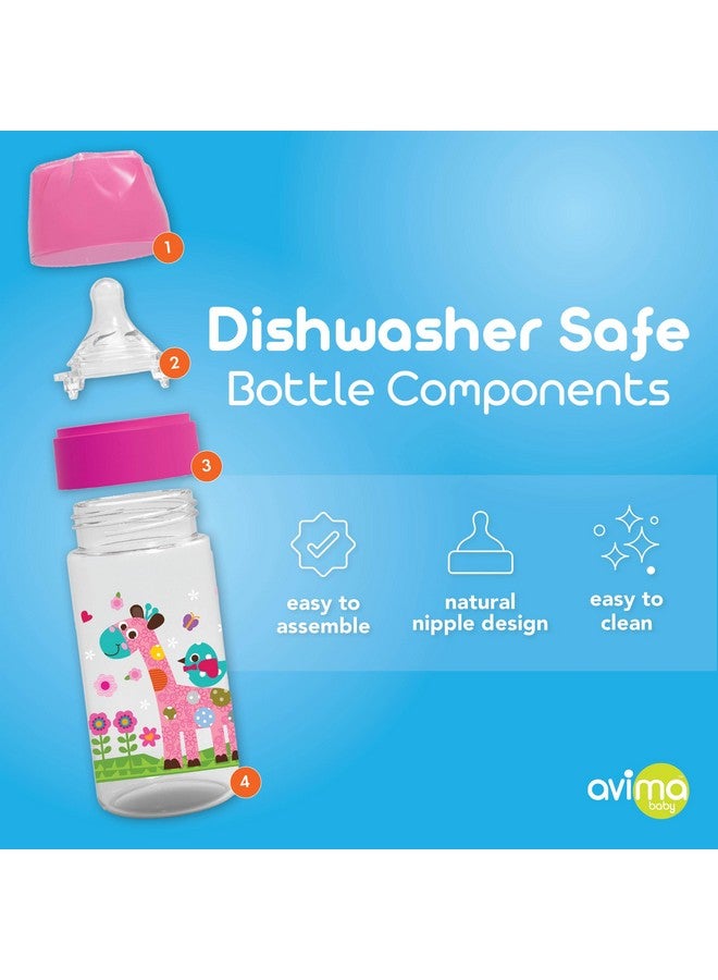 Avima 9 oz Anti Colic Baby Bottles for Breastfed Babies - Medium Flow Nipples, Wide Neck Bottle, BPA Free - 3-6 Months, Stage 2 (Set of 3) Pink Baby Bottles - Giraffes - Image 2