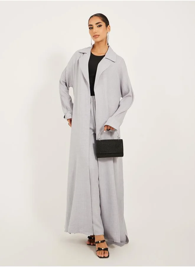 Styli collar style regular fit abaya with wide leg pants modest set