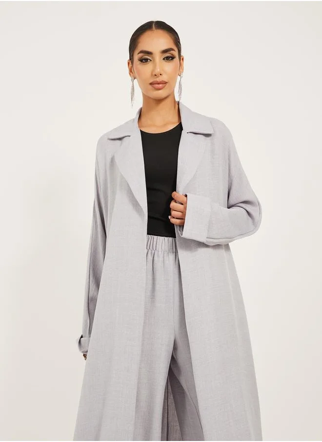 Styli collar style regular fit abaya with wide leg pants modest set