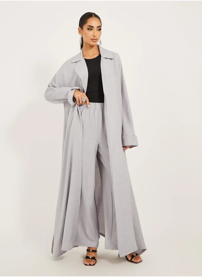 Styli collar style regular fit abaya with wide leg pants modest set