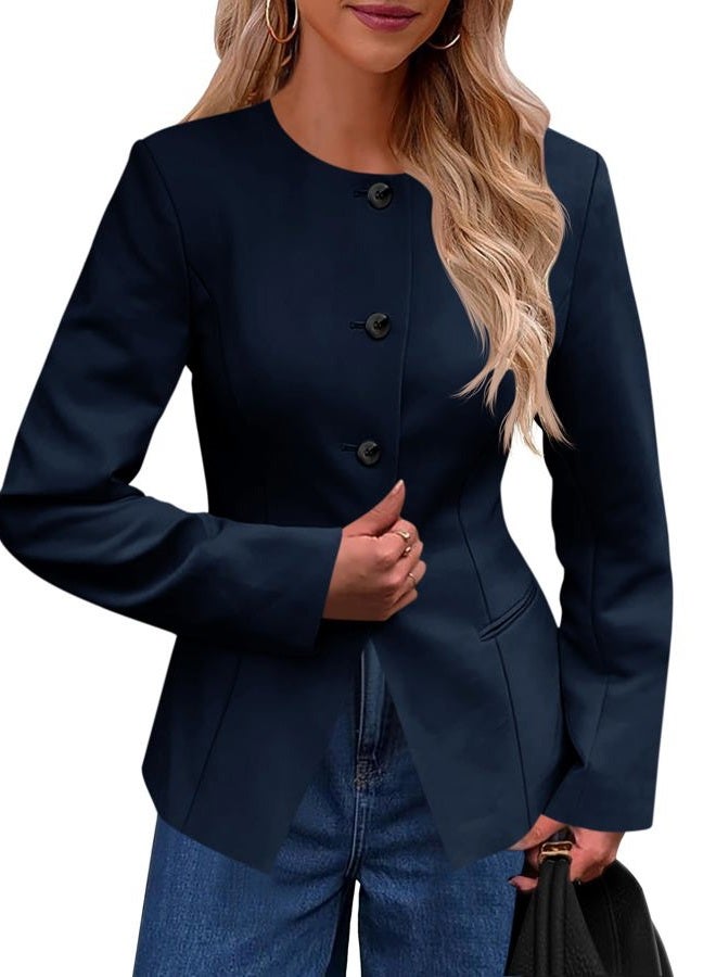 Cicy Bell Womens Business Casual Fitted Blazers Collarless Split Hem Work Office Button Down Suit Jackets, Navy, L - Image 1