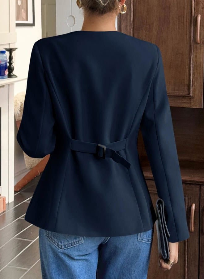 Cicy Bell Womens Business Casual Fitted Blazers Collarless Split Hem Work Office Button Down Suit Jackets, Navy, L - Image 5