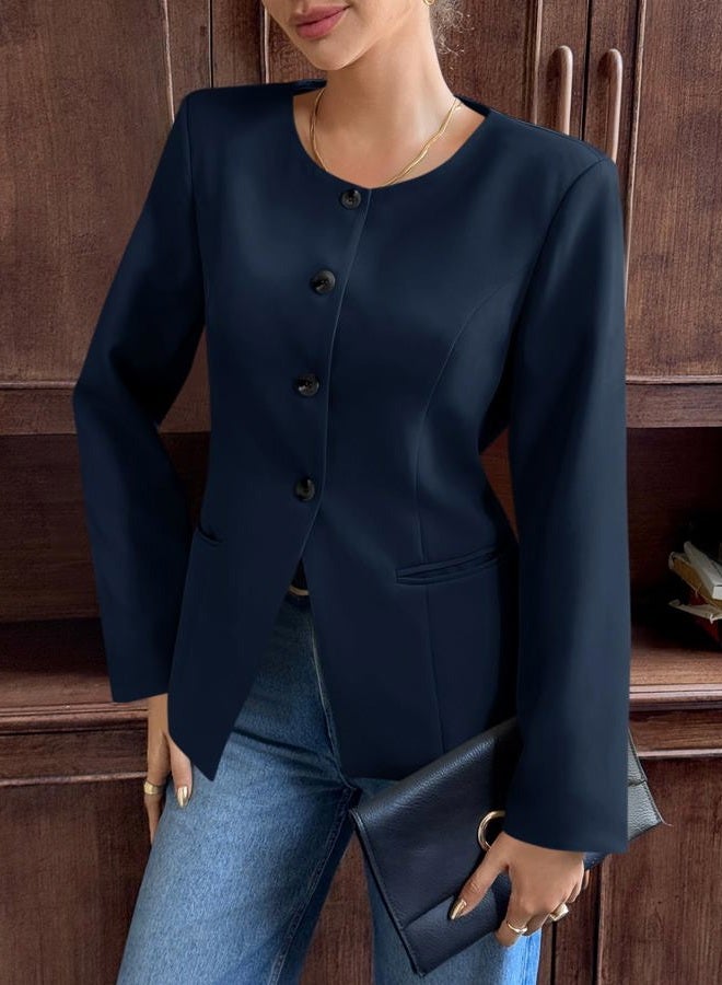 Cicy Bell Womens Business Casual Fitted Blazers Collarless Split Hem Work Office Button Down Suit Jackets, Navy, L - Image 3