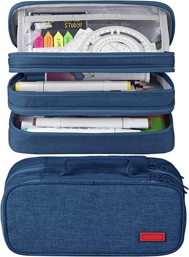 SYCYKA Large Capacity Pencil Case Pouch with 3 Compartments Portable Canvas Stationery Organizer with Double Zippers Simple Sturdy for College School Office Girl Boy Men Women Adult - Dark Blue - Image 3