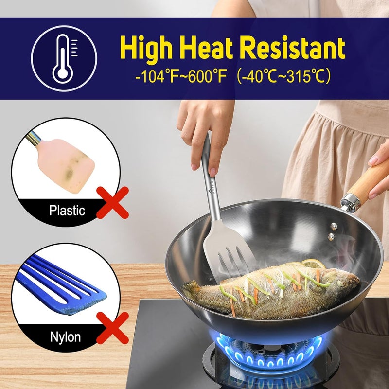 hotec مجموعة ملعقة سيليكون من 2 مقاومة للحرارة 600°F وخالية من BPA مع مقHandles من الفولاذ المقاوم للصدأ، ملعقتان مشقوقتان وصلبة للأواني غير اللاصقة، 13.7 بوصة، كاكي - Image 5
