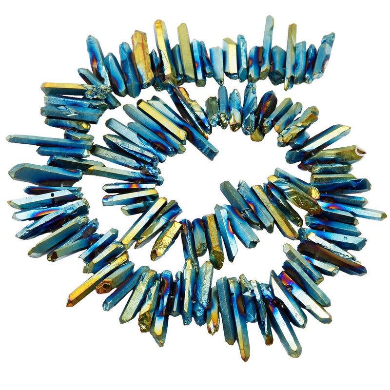 SUNYIK BlueGold Titanium Coated Crystal Points Quartz Rough Sticks Spikes Point Beads 15 inch Strand Drilled