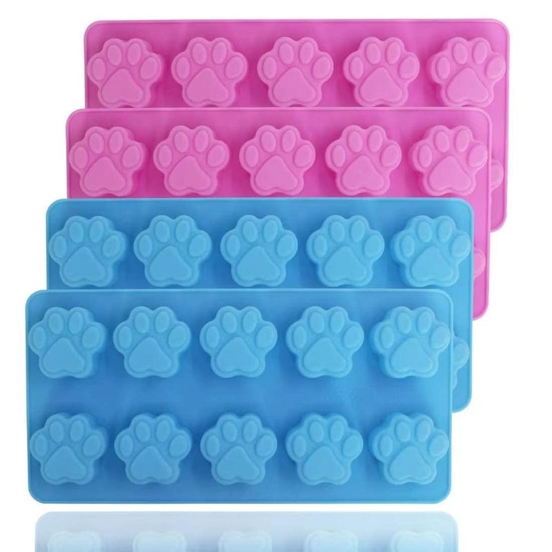 LORITARIA 4 Pieces Silicone Paw Print Molds 10Cavity Reusable Dog Cat Animal Paw Mold Ice Candy Chocolate Cookie Baking Pans