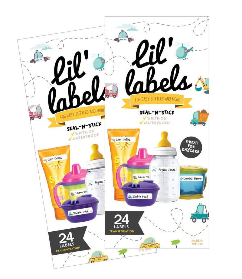 Lil' Labels Bottle Labels, Write-On, Self-Laminating, Waterproof Kids Name Labels for Baby Bottles, Sippy Cup for Daycare School, Dishwasher Safe, Boy or Girl (Transportation, Set of 2) - Image 1