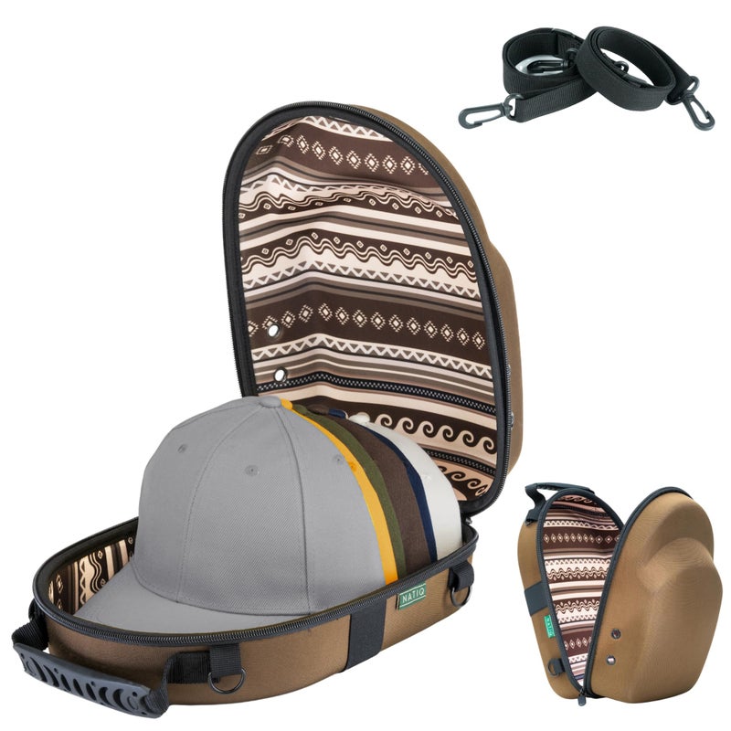 NATIQ Hat Travel Case for Baseball Caps Hard Shell EVA Fits 6 Caps WaterResistant Crushproof Carry Handle Carabiner Cap Carrier Storage Ethnic