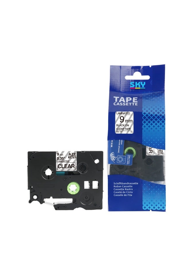 SKY 9mm x 8 meter Black on Clear AZE Label Tape Cartridge for P-Touch Label Printers