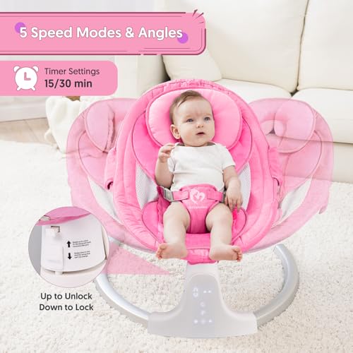 Bellababy Bluetooth Baby Swing for Infants, mecedora eléctrica para Bebe, 3 Seat Positions, 5 Swing Speed, 10 Music, Remote Control, USB Plug-in Power, Reversible Cushion, Compact & Portable, Pink, Girl - Image 4