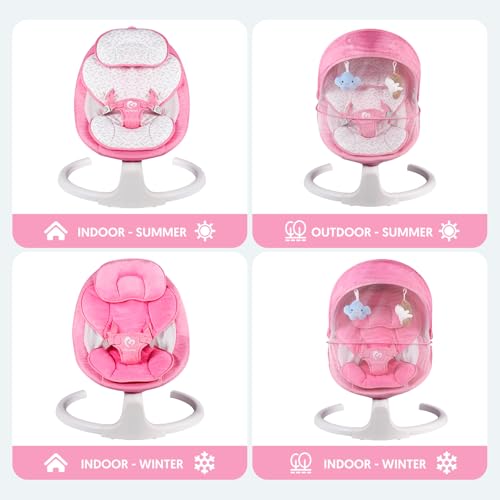 Bellababy Bluetooth Baby Swing for Infants, mecedora eléctrica para Bebe, 3 Seat Positions, 5 Swing Speed, 10 Music, Remote Control, USB Plug-in Power, Reversible Cushion, Compact & Portable, Pink, Girl - Image 3