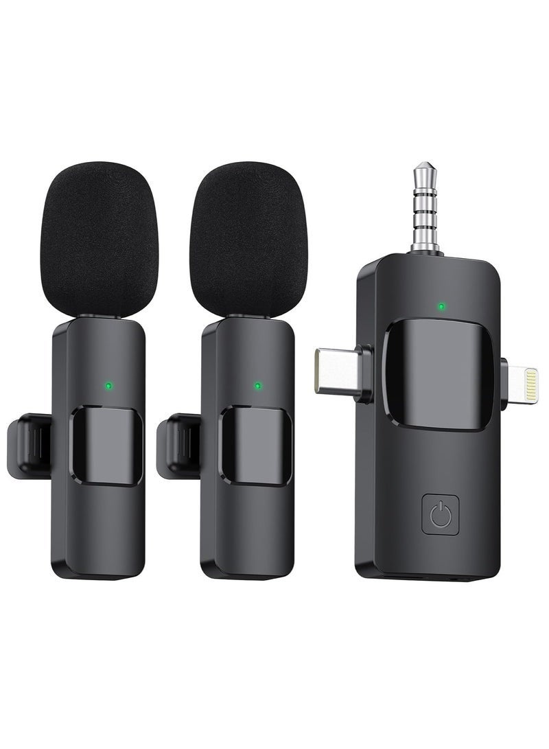 3-in-1 Wireless Microphone - Wireless Lavalier Microphone,Plug and Play Compatible with Apple, Android, Mike for Phone Vlog - Interviews - Microphone for Vlogging - Auto-Sync and Noise Cancellation - 2.4 GHZ