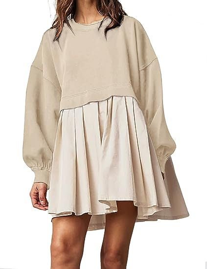 * Amazon * Womens oversized stitching round neck long sleeve pullover top elegant pleated sweatshirt mini dress Apricot