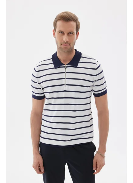 Odelon Limited Men's Striped Polo Collar Rayon Knitwear T-Shirt Navy Blue