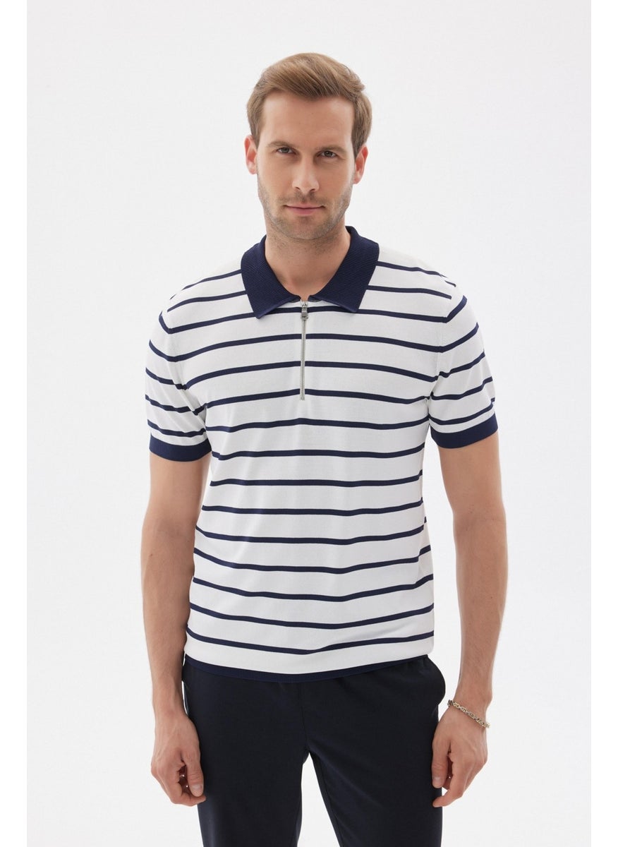 Odelon - Limited Men's Striped Polo Collar Rayon Knitwear T-Shirt Navy Blue - Image 1