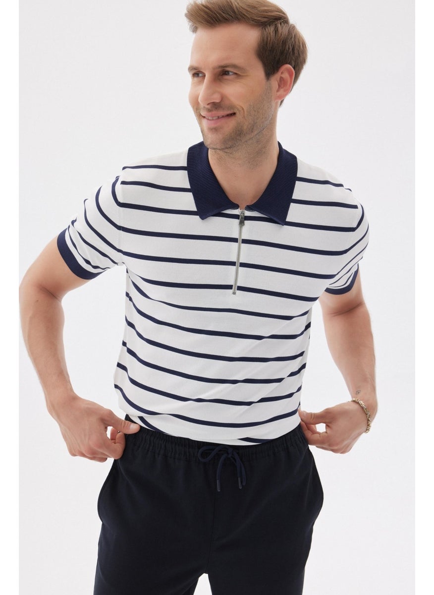 Odelon - Limited Men's Striped Polo Collar Rayon Knitwear T-Shirt Navy Blue - Image 1