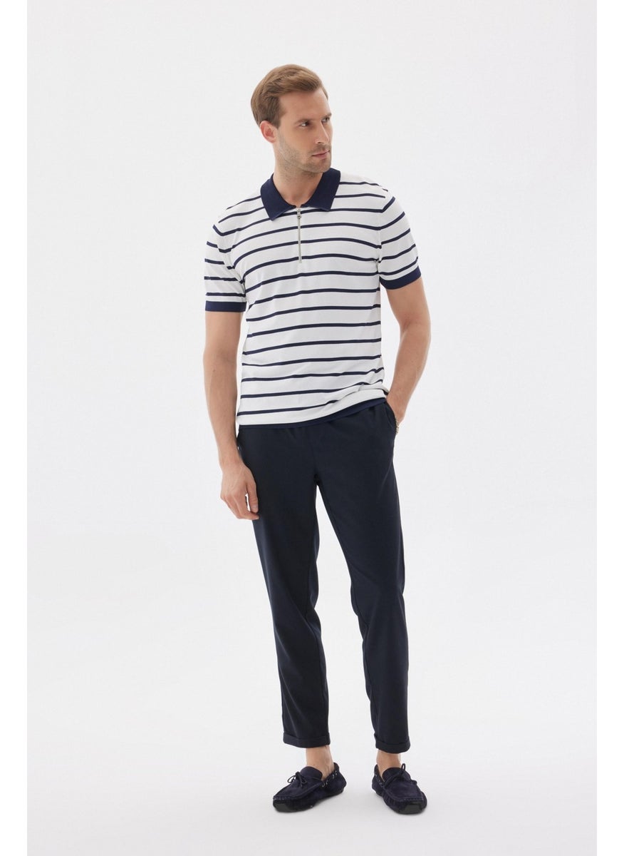 Odelon - Limited Men's Striped Polo Collar Rayon Knitwear T-Shirt Navy Blue - Image 1