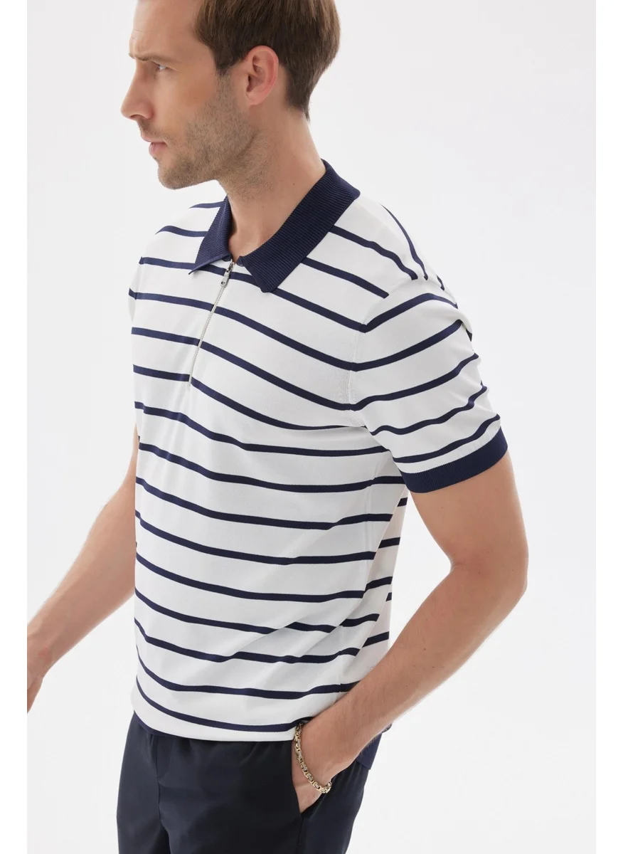 Odelon Limited Men's Striped Polo Collar Rayon Knitwear T-Shirt Navy Blue