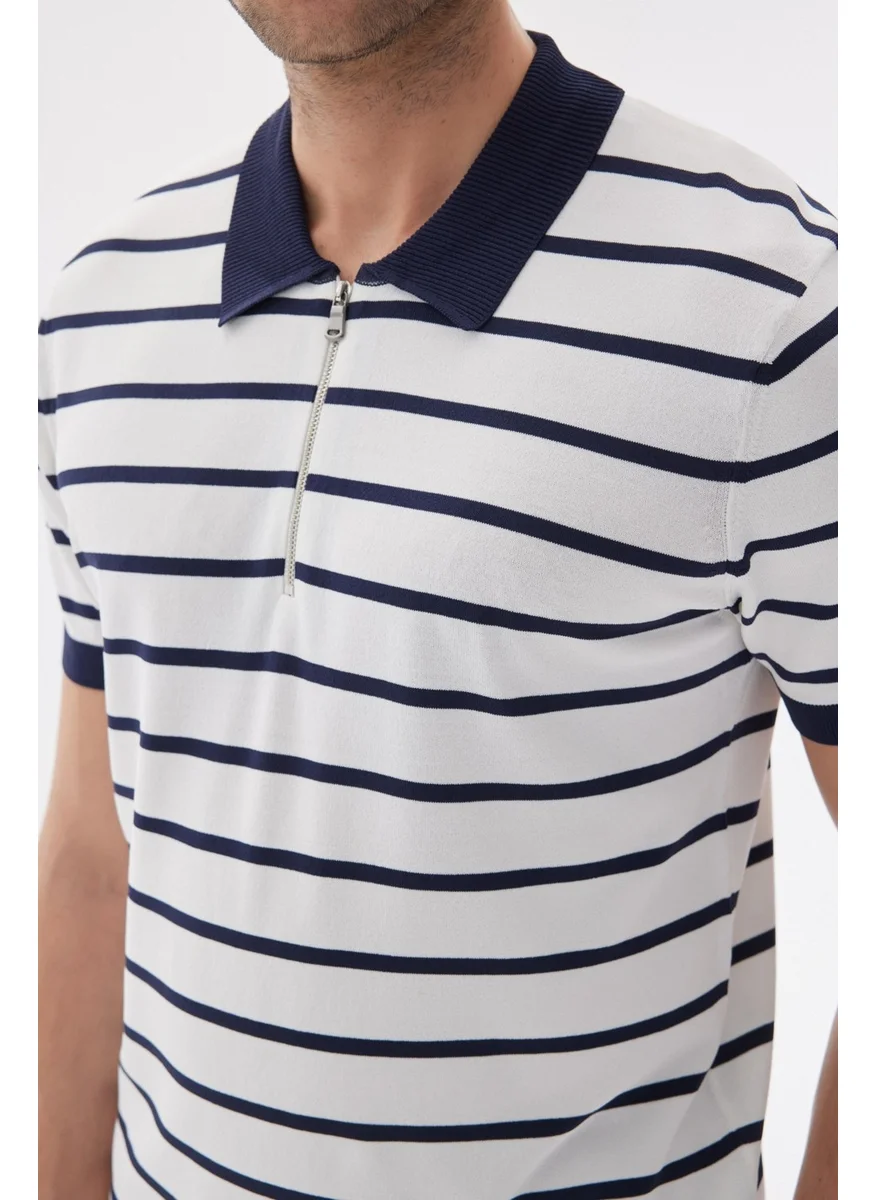 Odelon Limited Men's Striped Polo Collar Rayon Knitwear T-Shirt Navy Blue