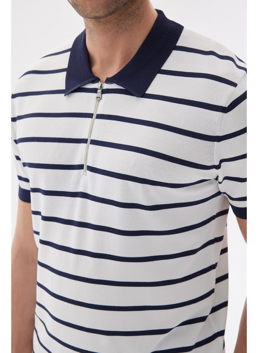 Odelon - Limited Men's Striped Polo Collar Rayon Knitwear T-Shirt Navy Blue - Image 1