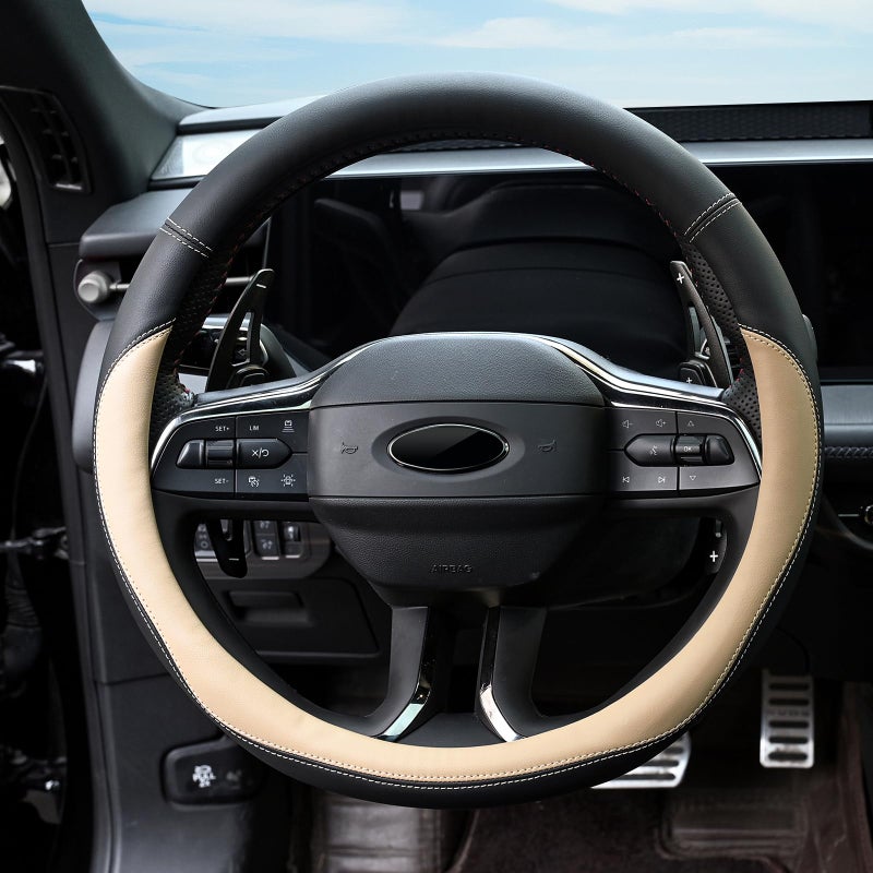 Valleycomfy Microfiber Leather Steering Wheel Covers Universal 15 inch ï¼ˆBeigeï¼‰ - Image 3