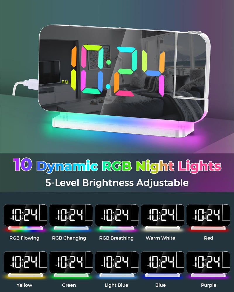 SZELAM Projection Alarm Clock,7.4" LED Mirror Digital Clocks Large Display,with 180° Rotatable Projector,RGB Night Light,USB C Port,Auto Dimming,Modern Desk Clock for Bedroom Decor - White - Image 4