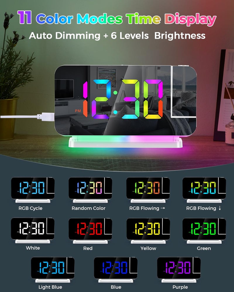 SZELAM Projection Alarm Clock,7.4" LED Mirror Digital Clocks Large Display,with 180° Rotatable Projector,RGB Night Light,USB C Port,Auto Dimming,Modern Desk Clock for Bedroom Decor - White - Image 5