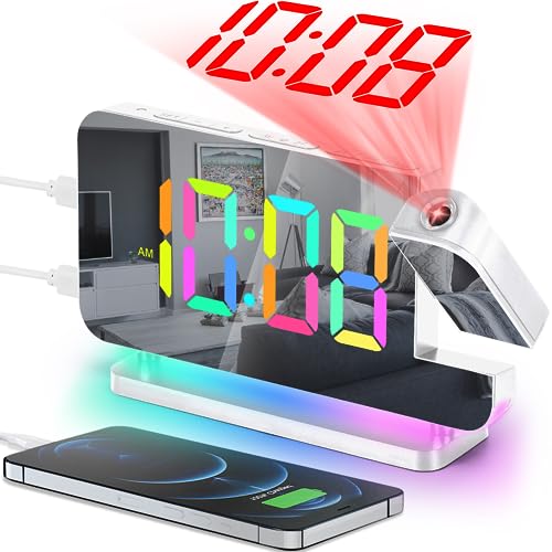 SZELAM Projection Alarm Clock,7.4" LED Mirror Digital Clocks Large Display,with 180° Rotatable Projector,RGB Night Light,USB C Port,Auto Dimming,Modern Desk Clock for Bedroom Decor - White - Image 1