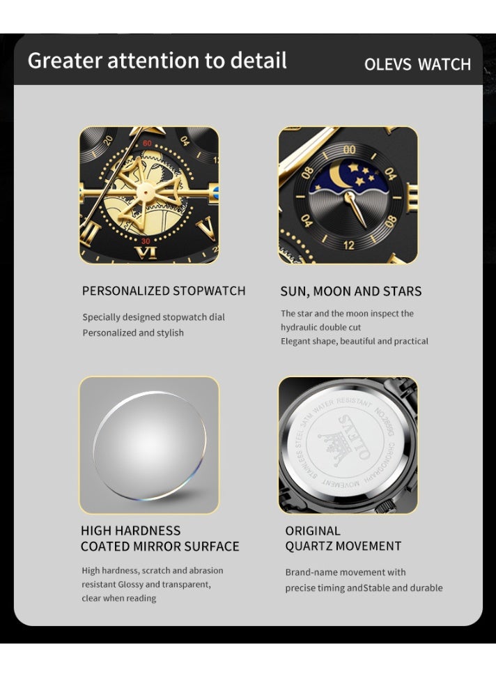 أوليفز ساعة OLEVS الفاخرة للرجال – عرض هيكلي مضيء، كوارتز، قرص أسود، هيكل فولاذ أسود، مقاومة للماء - Image 3