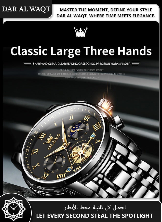 أوليفز ساعة OLEVS الفاخرة للرجال – عرض هيكلي مضيء، كوارتز، قرص أسود، هيكل فولاذ أسود، مقاومة للماء - Image 5