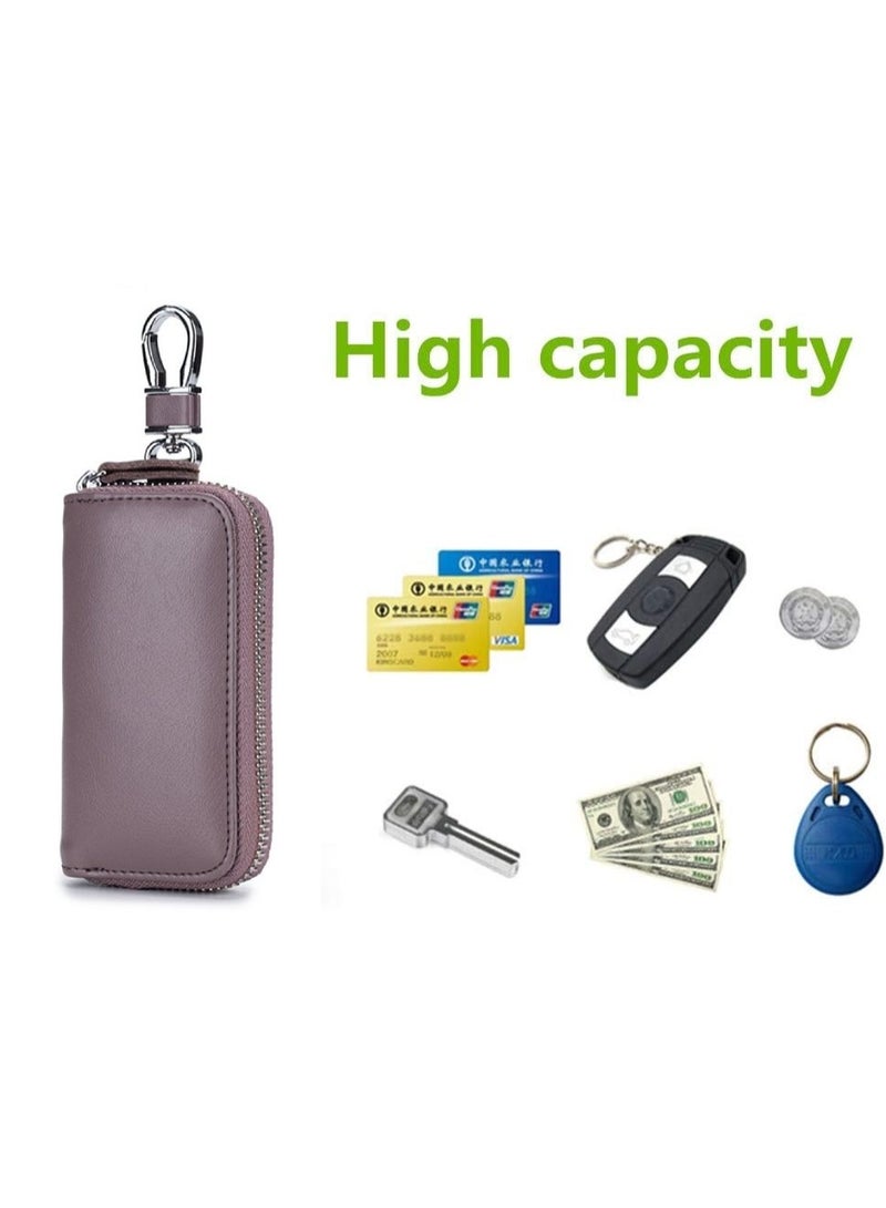Genuine Leather Zipper Key Holder, Cowhide Key Case, Universal Car and Home Multifunctional Key Holder, with 2 Card Slots, 6 Hooks, and 1 Access Card, Key Case Wallet for Men and Women - Image 2