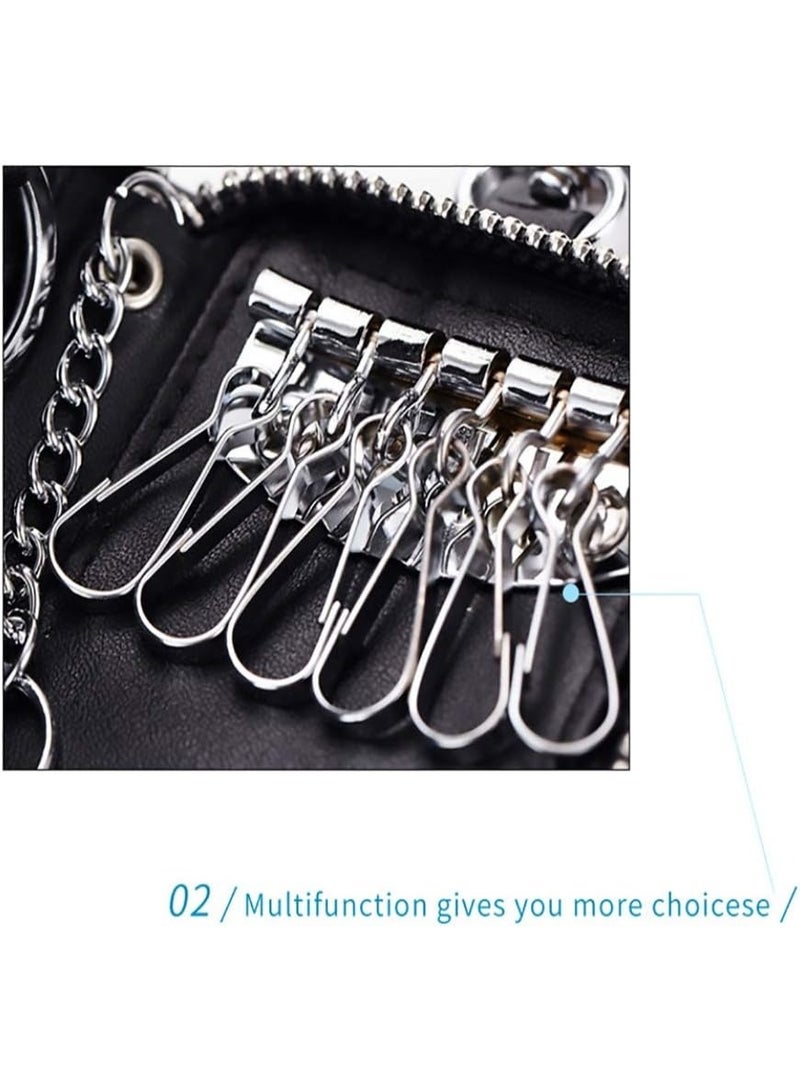 Genuine Leather Zipper Key Holder, Cowhide Key Case, Universal Car and Home Multifunctional Key Holder, with 2 Card Slots, 6 Hooks, and 1 Access Card, Key Case Wallet for Men and Women - Image 3