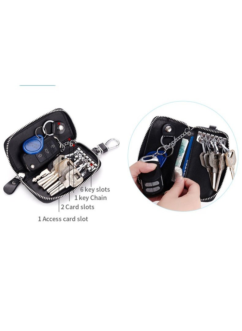 Genuine Leather Zipper Key Holder, Cowhide Key Case, Universal Car and Home Multifunctional Key Holder, with 2 Card Slots, 6 Hooks, and 1 Access Card, Key Case Wallet for Men and Women - Image 5
