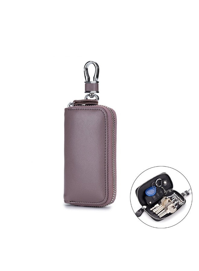 Genuine Leather Zipper Key Holder, Cowhide Key Case, Universal Car and Home Multifunctional Key Holder, with 2 Card Slots, 6 Hooks, and 1 Access Card, Key Case Wallet for Men and Women - Image 1