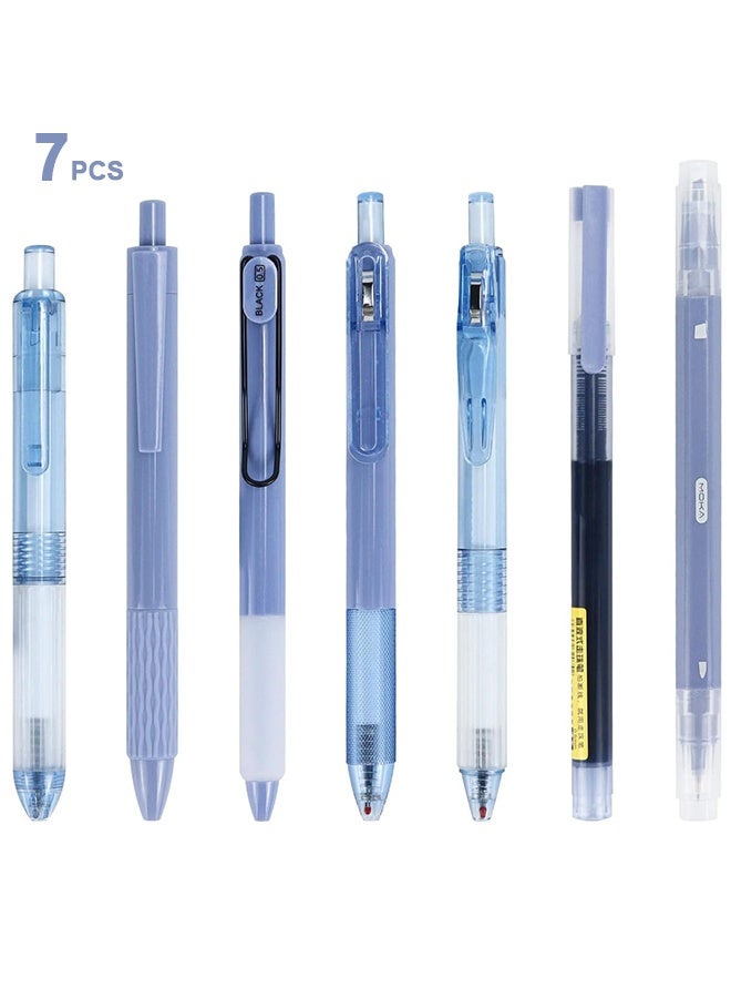 Moka Ballpoint Pen Gel Pens - 7 Pcs 0.5mm Retractable Black Ink Pens Set with Fine Tips & 1 Highlighter for Writing, Journaling & Office Use - Image 1