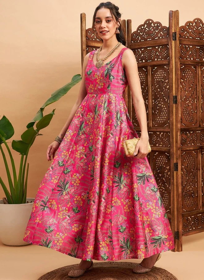 ساسافراس Floral Printed Pink Anarkali Kurta for Women