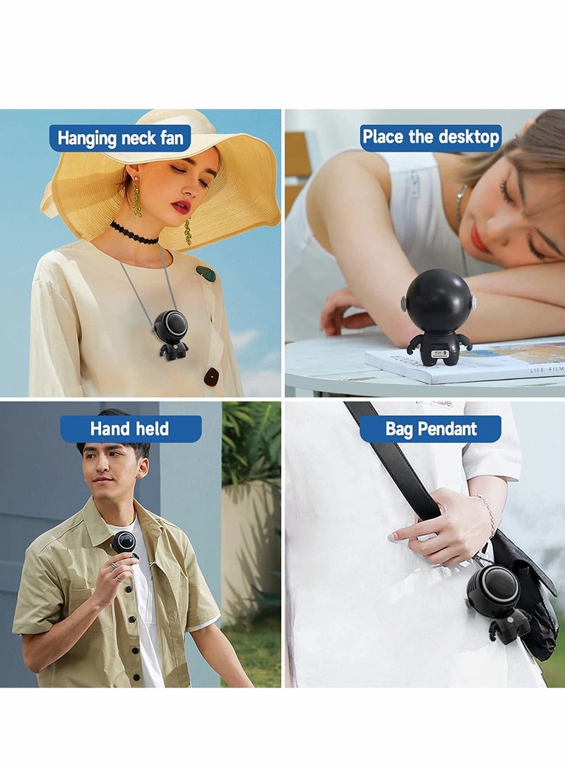 Excefore Mini Handheld Fan, Personal Fan Necklace Portable Rechargeable with 3 Wind Speed Hanging USB Handheld Fan Hands-free Wearable Leafless Mini Fan Astronaut Fan for Home Office Travel Outdoor (Black) - Image 2