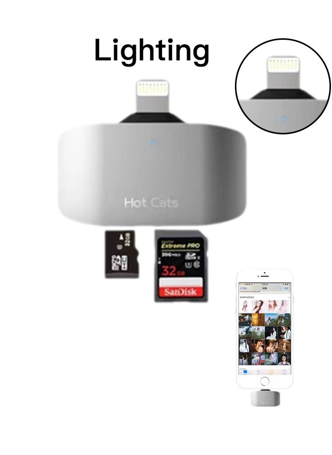 القطط الساخنة - قارئ بطاقات SD لأجهزة iPhone وiPad مع واجهة Lightning، يدعم بطاقات SD وTF وMicro SD، فضي - Image 1