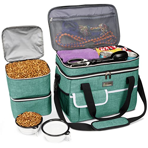 BAGLHER Dog Travel Bag for Supplies DoubleLayer Airline Approved Weekend Pet Travel Organizer Set for Dog and Cat Tote with 2 Pet Food Containers and 2 Collapsible Silicone Bowls Green