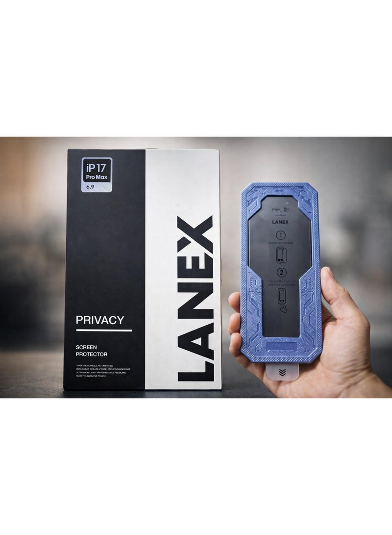 لانيكس اسكرينة خصوصية زجاجية 9H لهاتف ايفون 17 برو ماكس مع إطار تركيب ذاتي من لانيكس LANEX - شاشة حماية ضد التجسس والبصمات - Image 3